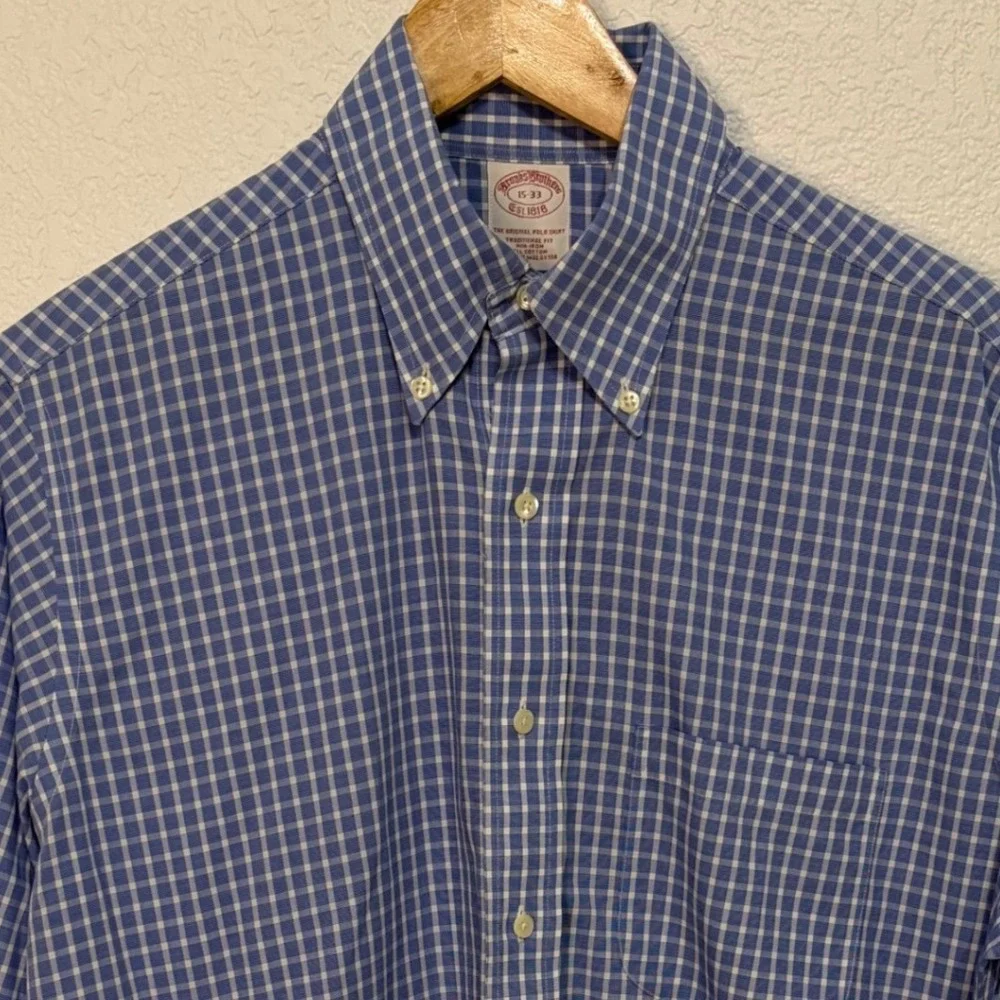 Brooks Brothers Mens 15-33 Blue Check Non-Iron Cotton Traditional Fit Polo Shirt - Picture 2 of 6